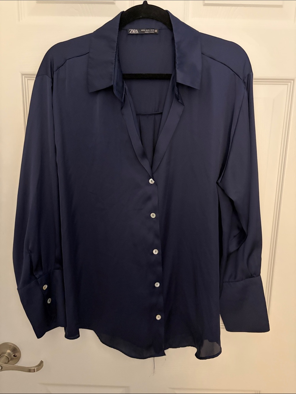 Zara Women’s Dark Navy Long-Sleeve Satin Button Shirt